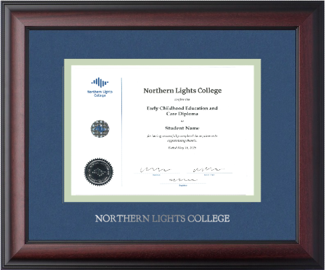 Satin mahogany diploma frame with double mat board and silver foil stamp with "NORTHERN LIGHTS COLLEGE" GOUDY 24P. (#120910-12x15-volc/ths-fs)